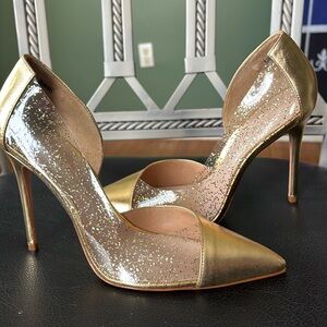 New women Sz 8.5B golden clear heels pointed toes glitter glam party pump shoes